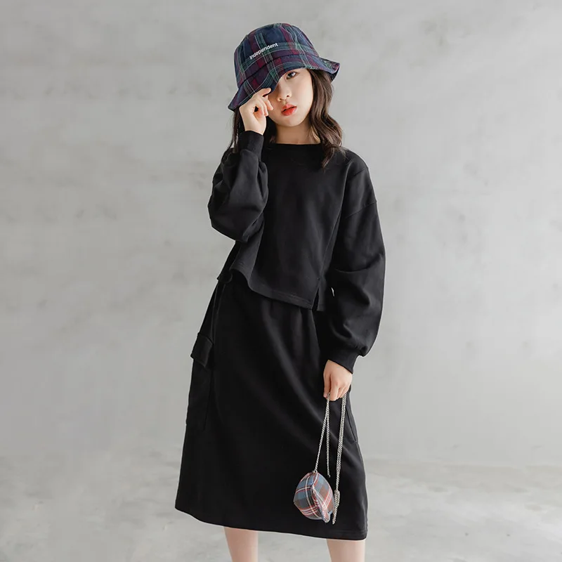 

Teen Girls Cotton Clothes Set 2 pieces Sweatshirt + Skirts Black Color Fashion Cool Kids Outfit 8 10 12 13 14 years