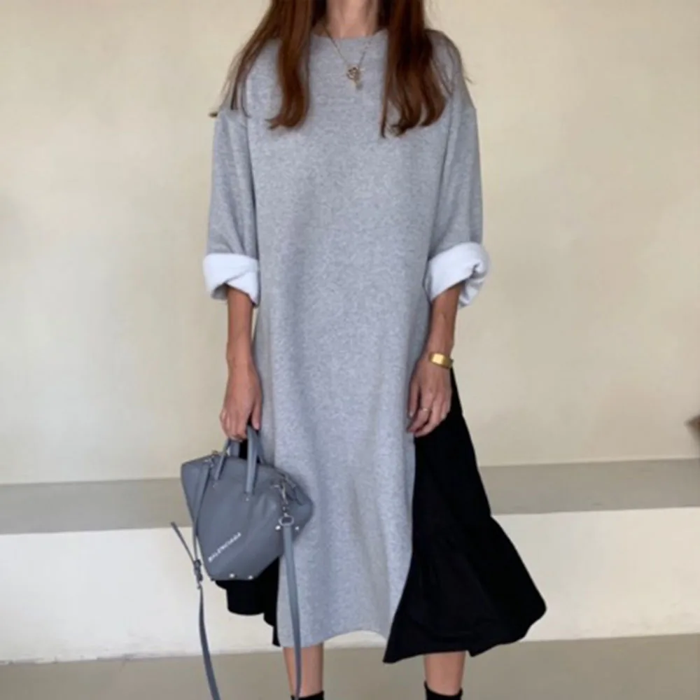 Весеннее платье с длинным рукавом Женский пуловер черно белые лоскутные