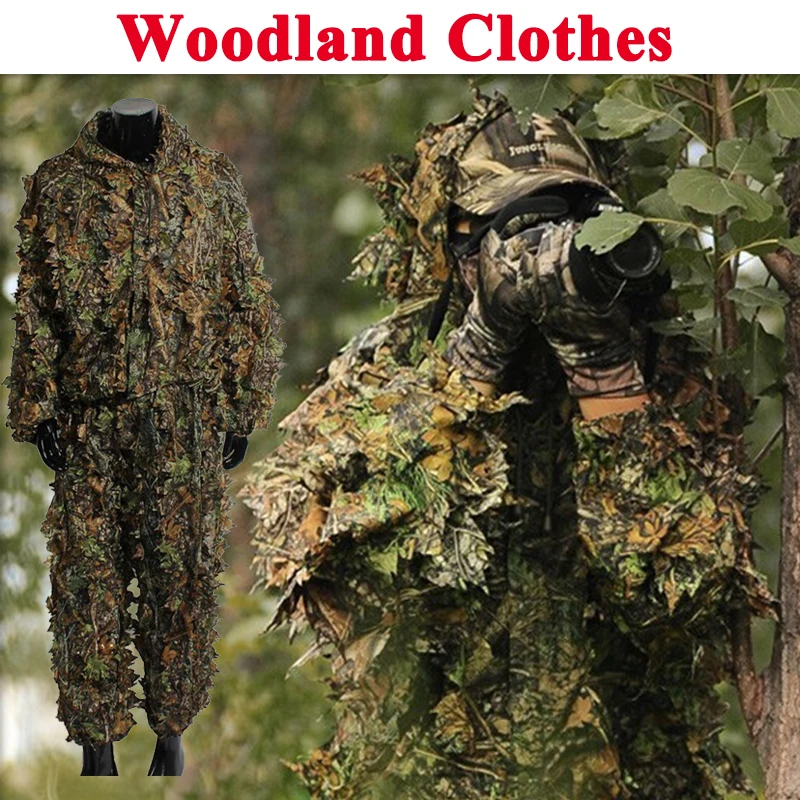 

Tactical Sniper Woodland 3D Leaf Ghillie Suits Men Camouflage Hunting Clothes Jungle Airsoft Paintball Clothes Shirt + Pants