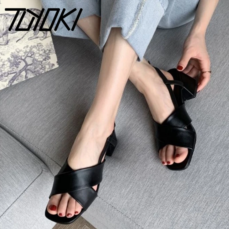 

Tuyoki Size 30-43 Women High Heel Sandals Square Heel Buckle Summer Shoes For Women Fashion Wedding Shoes Women Footwear