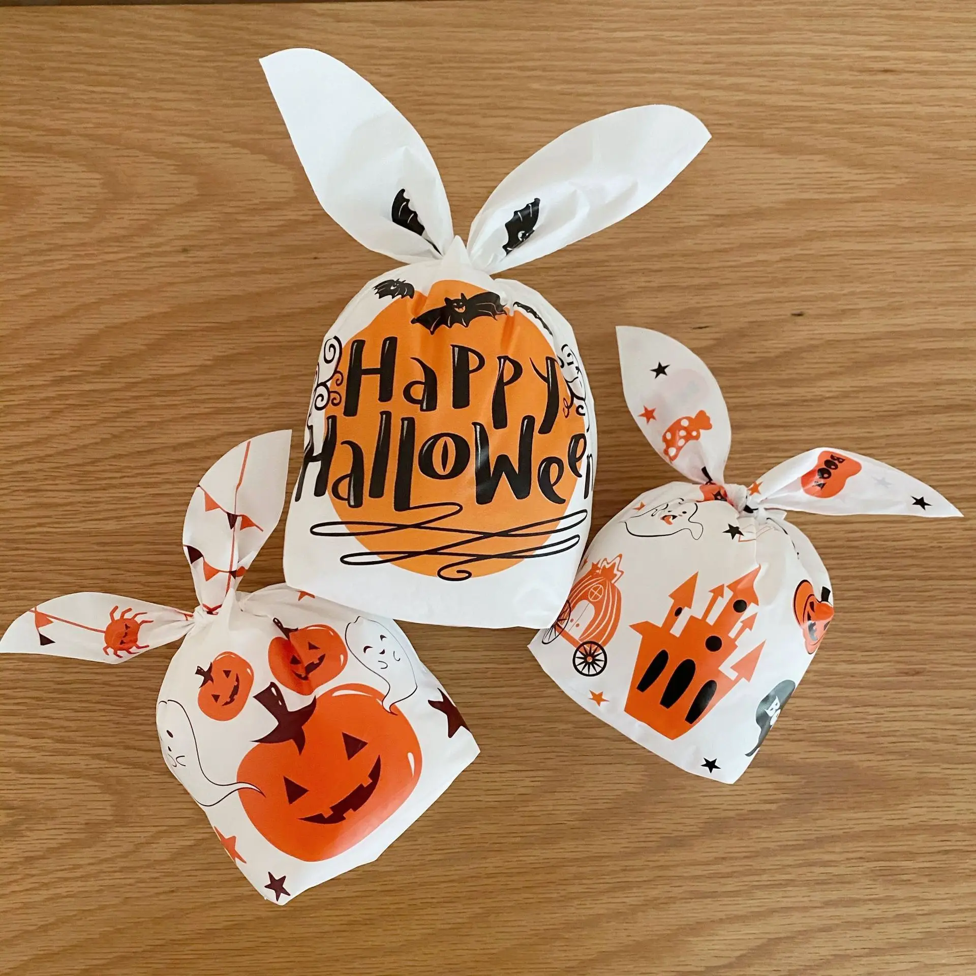 

50 pieces/lot Halloween Drawstring Bag Rabbit Ears Candy Pouch All Saints' Day Kitchen Pumpkin Cookie Gift Food Rope Plastic Bag