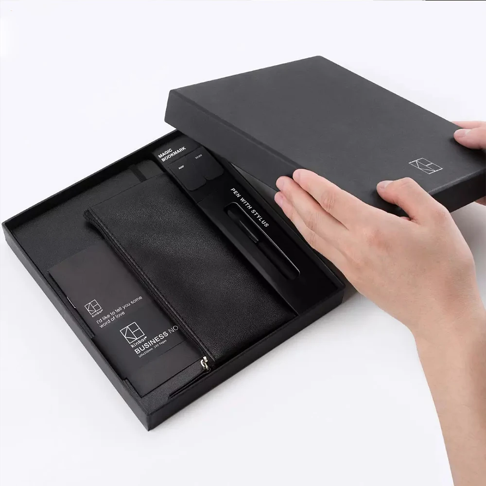 

Kinbor Office Supplies Set Black A5 Notebook Ballpoint Pen Pencil Case Magnetic Bookmark PU leather Notebook For Meetings