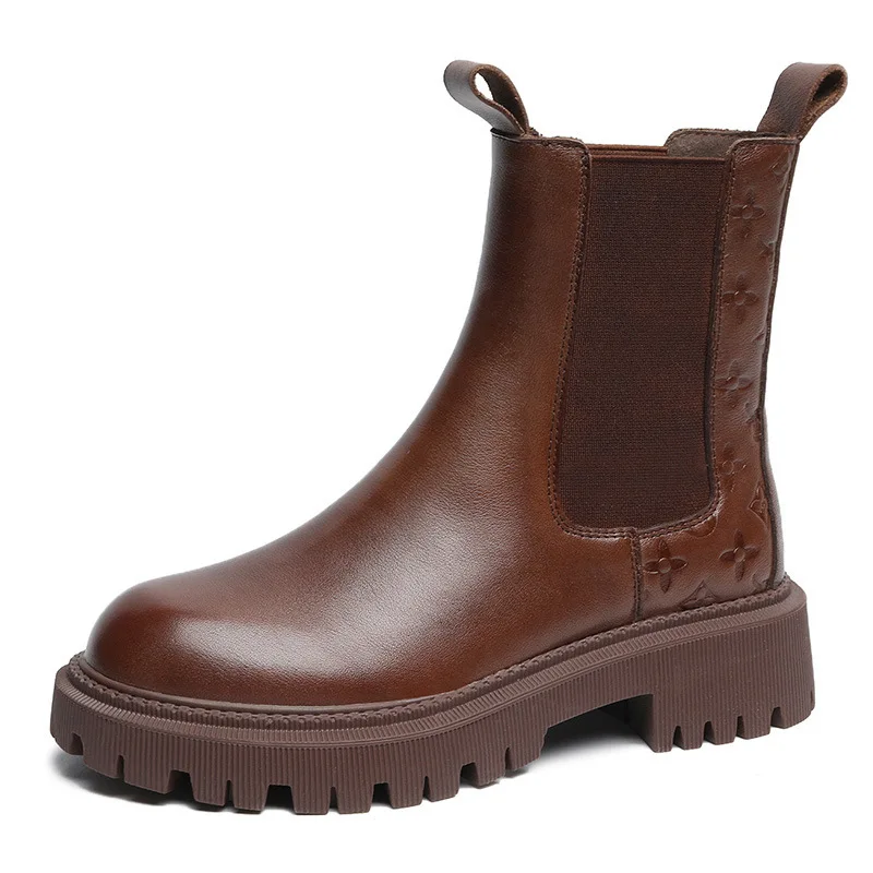 Women Boots Ankle Boots Leather Platform Round Toe Black Boots Women Goth Boots Designer Brand Luxury Women Shoes Botas Muje