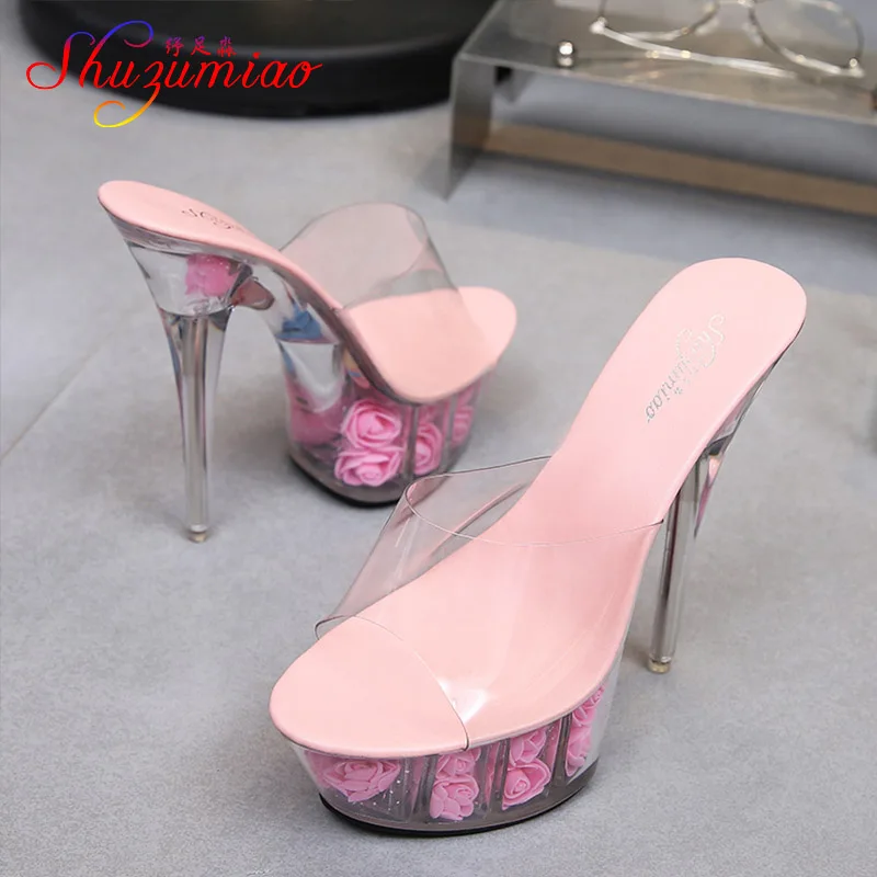 Шлепанцы женские на платформе и высоком каблуке 15 см свадебные сандалии