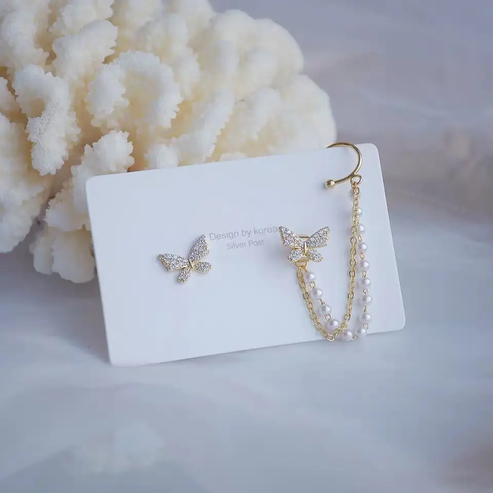 

Korean Elegant Cute Rhinestone Butterfly Stud Earrings For Women Girls Fashion Metal Chain Boucle D'oreille Jewelry