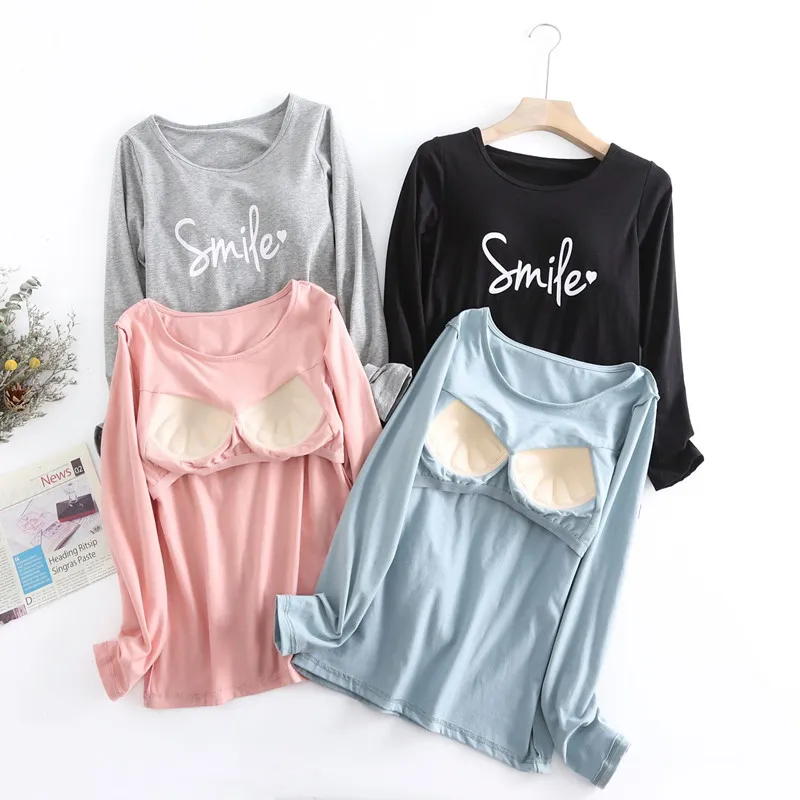 Fdfklak Casual Letter Print Sleepwear Tops Comfortable Modal Long Sleeve Sleep Bottoming Shirt Chest Pad One Piece Pajamas Women