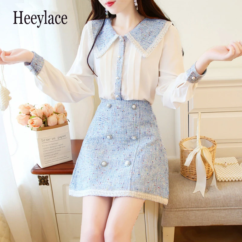 Женский комплект из 2 предметов элегантный твидовый шифоновый кукольная рубашка