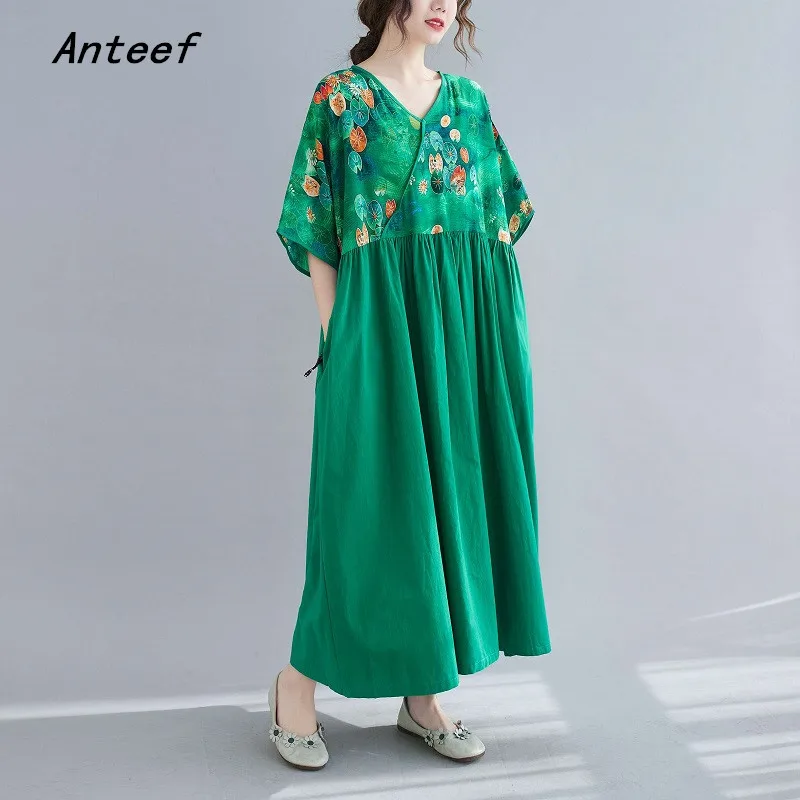 

short sleeve oversized cotton vintage floral dresses for women casual loose long summer dress elegant clothing 2022