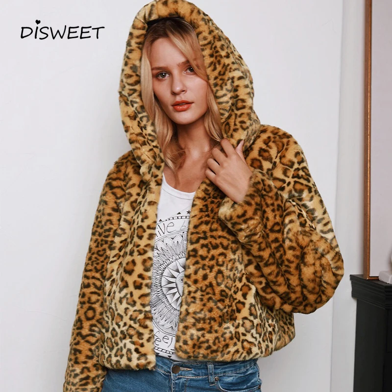 Модная куртка с капюшоном DISWEET Женское зимнее повседневное леопардовое пальто из