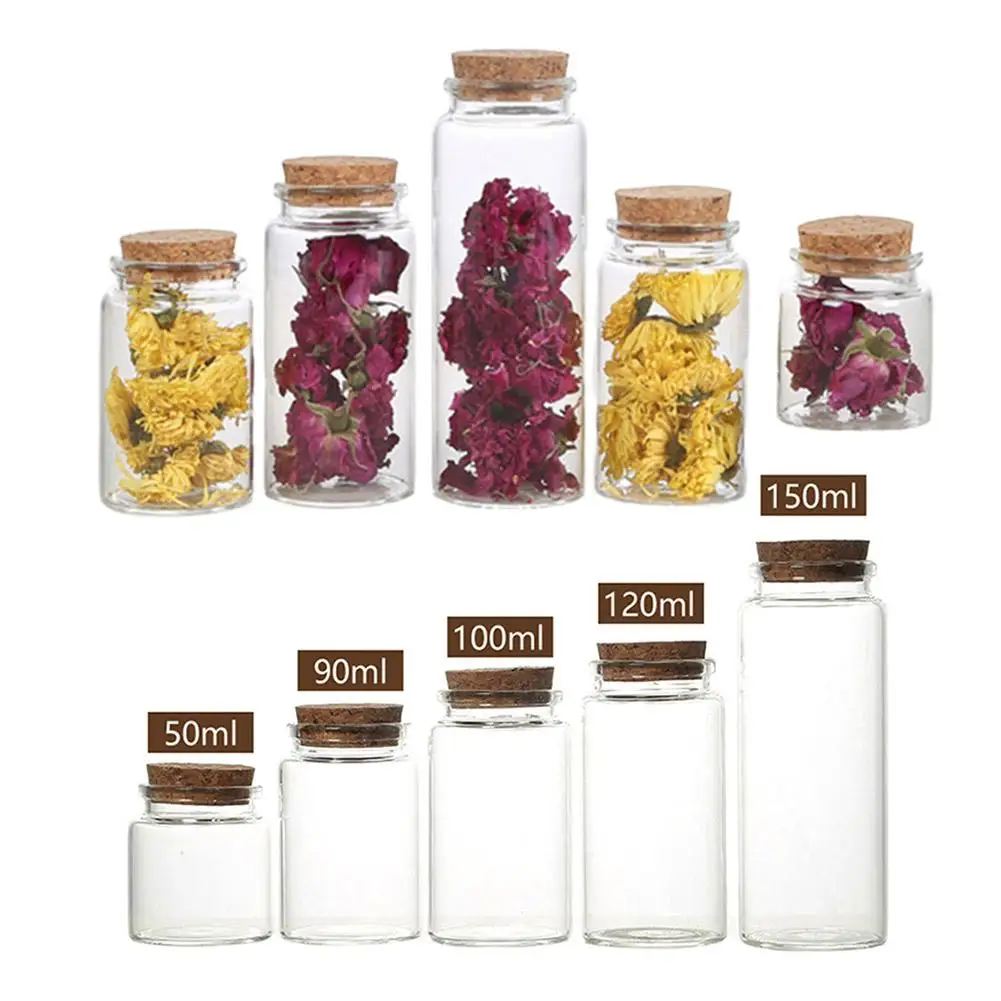 

HOT SALES!!! 3Pcs 50/60/90/100/120/150ml Transparent Cork Stopper Glass Bottles Jar Vials Wholesale Dropshipping