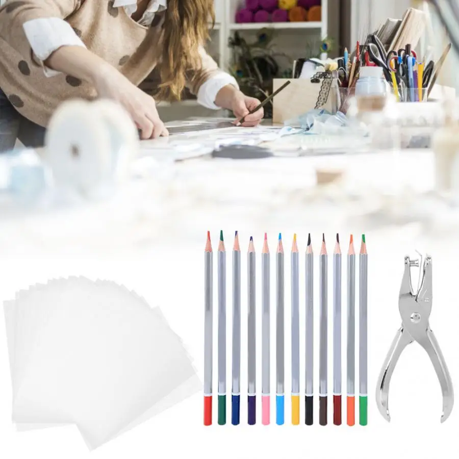 Набор из термоусадочной пленки для поделок 12 цветов дырокол карандашей брелок