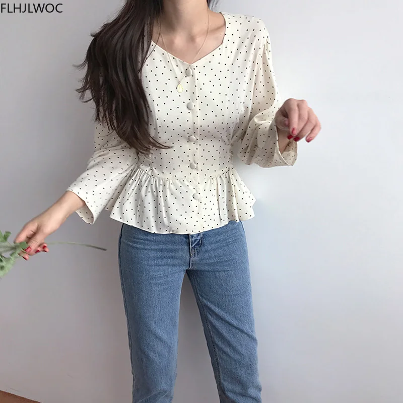 2020 Fall Autumn New Design Chic Tops Korea Japan Style Slim Waist Bow Ribbon Lace-Up Peplum Blouse Single Breasted Dot Shirts