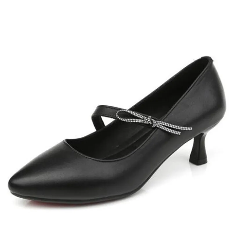 

2020 New Spring Genuine Leather Rhinestone Bow Pointed Shoes Elegant Women High Heel Shoes Concise Fashion Shoes Large Size 43
