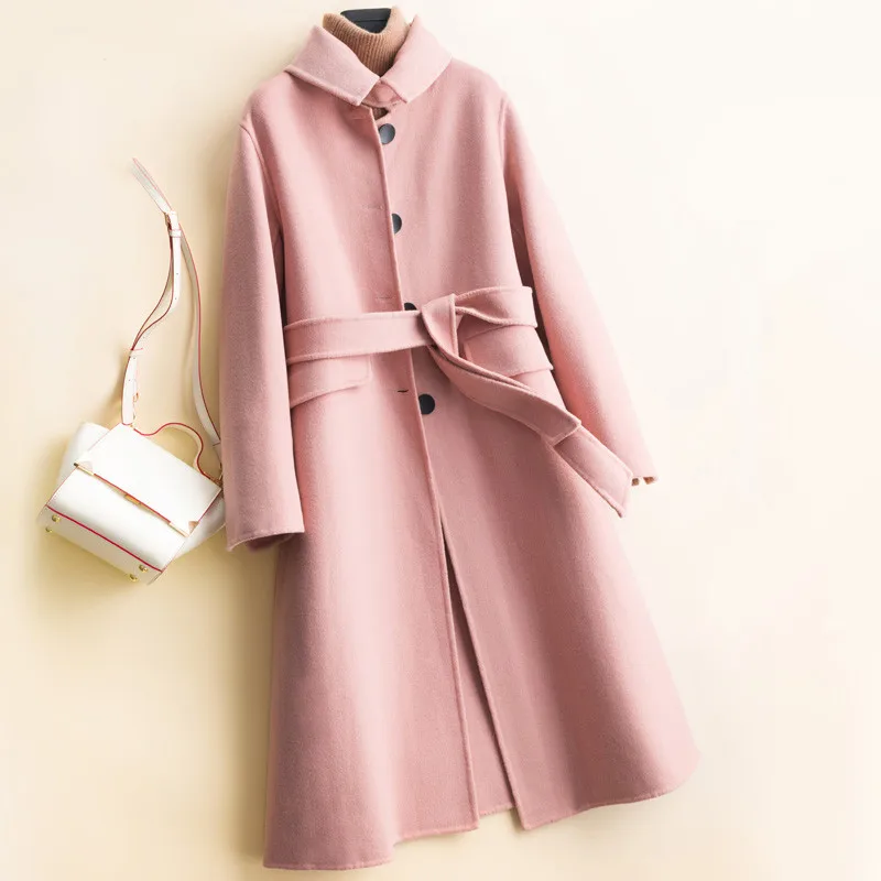 

Женское однобортное кашемировое пальто, однотонное длинное двубортное шерстяное пальто с поясом и отложным воротником, верхняя одежда, осе...