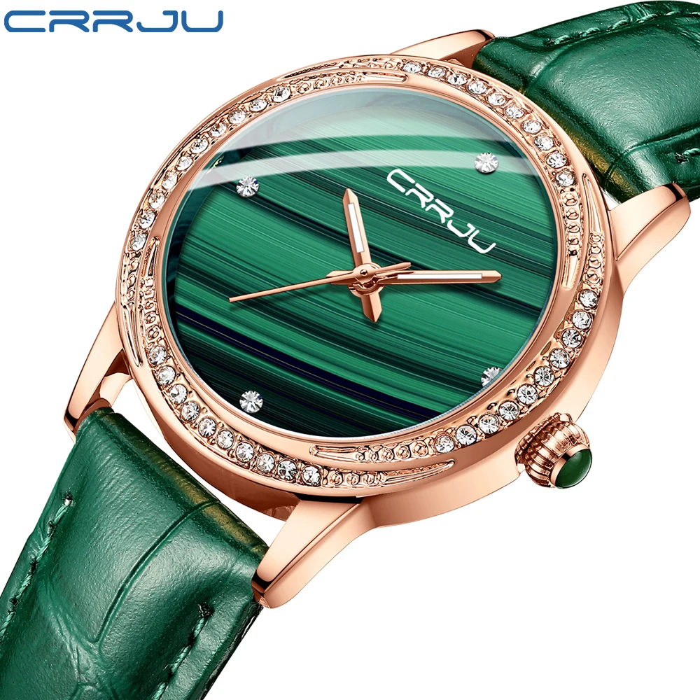 

2021 CRRJU New Watches for Women Luxury Fashion Popular Green Dial Crystal Wristwatch Charm Ladies Quartz Clock zegarek damski
