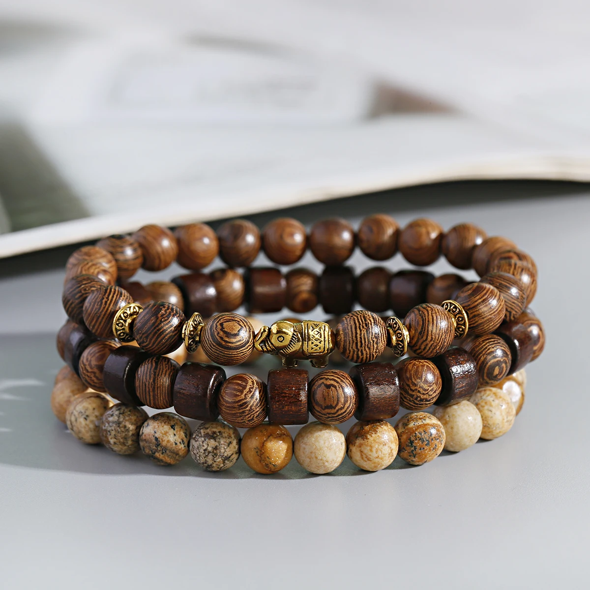 

3PCS Natural Round Cylinder Wood Beads Bracelet Men Classic Elastic Buddhist Prayer Buddha Bracelet Hommes bileklik bijoux