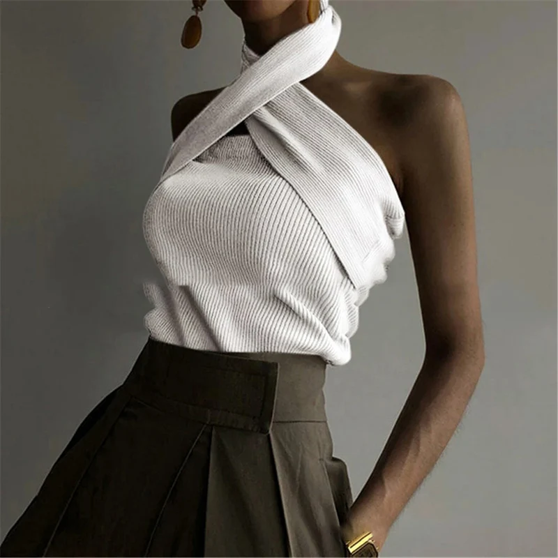 

Sexy Open Back Sleeveless Slim Fit Versatile Top Solid Hanging Neck Hollowed Out Knitted Vest All-match For Women
