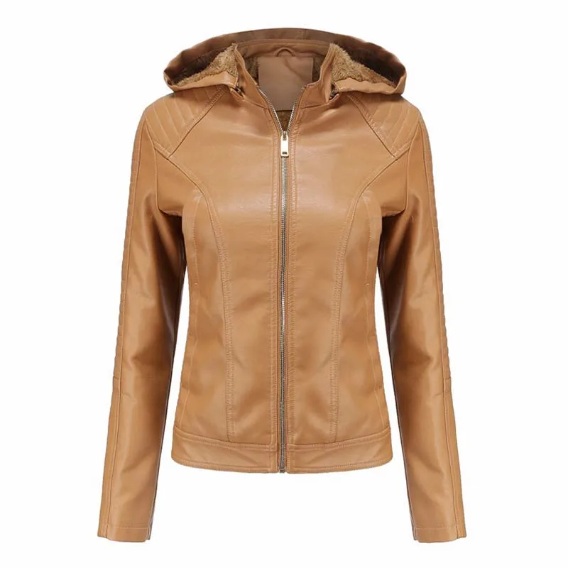 

Hooded Plush Leather Tops Women Autumn Winter Fashion Long Sleeve Zipper Ladies Plus Size Motorcycle Faux Leather Jacket