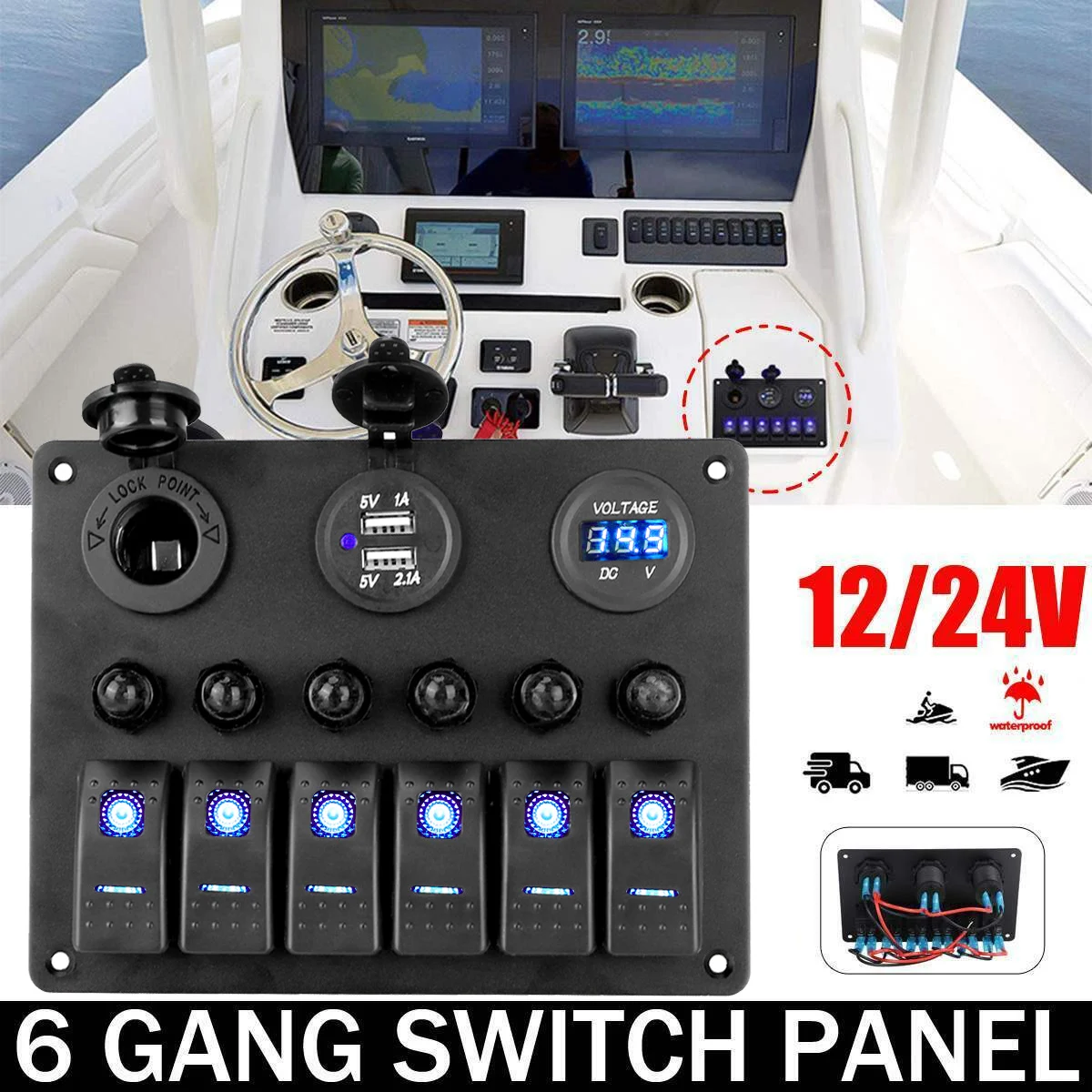 

DC 12V 24V Digital Voltmeter 6 Gang Toggle Rocker Switch Panel For Car Marine Boat Circuit w/ LED Breaker Dual USB Ports