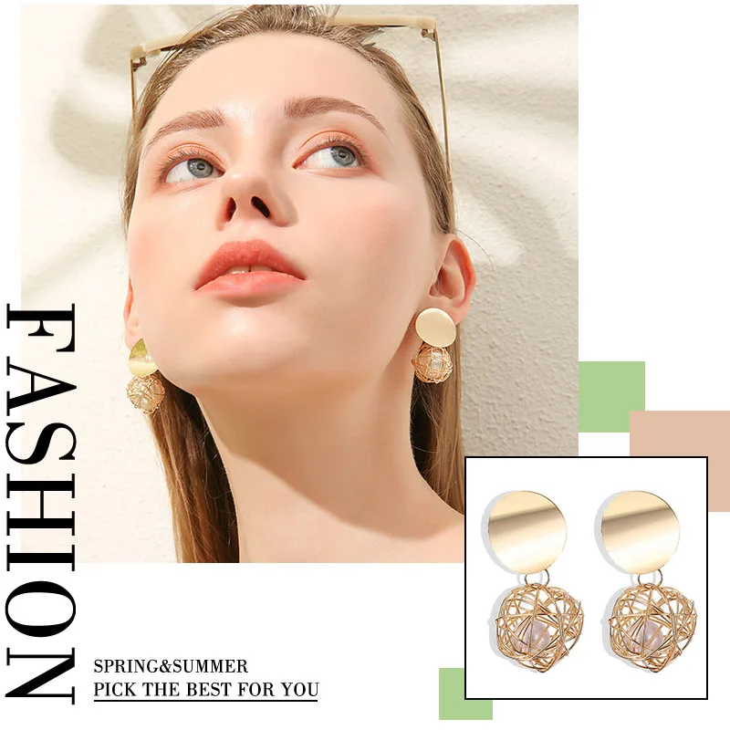 Женские серьги с круглой подвеской в виде сердца большие золотые геометрические