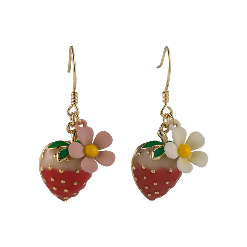 

LOVOACC Vintage Summer Pink Strawberry Flowers Dangle Earring for Women Femme Trendy Asymmetric Fruit Hook Earrings Pendientes