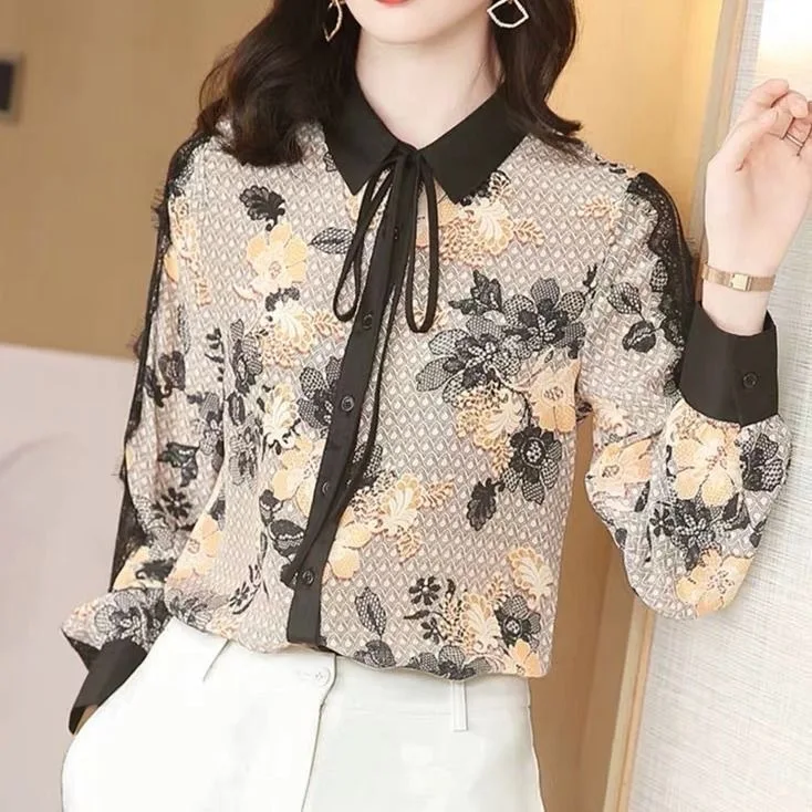 Женская однобортная рубашка с длинным рукавом кружевная блузка контрастных