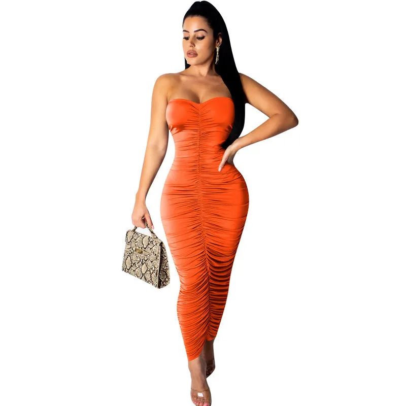 

2019 Sexy Elegant Strapless Bodycon Dress Women Off Shoulder Ruched Ankle-length Long Dress Stretch Backless Club Party Dresses