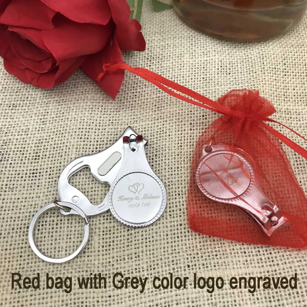 in Red Organza bag ZJD50Pcs Персонализированные Свадебные сувениры для гостей Индивидуальные свадебные сувениры многофункциональный штопор/брелок/кусачки для ногтей - Цвет: in Red Organza bag