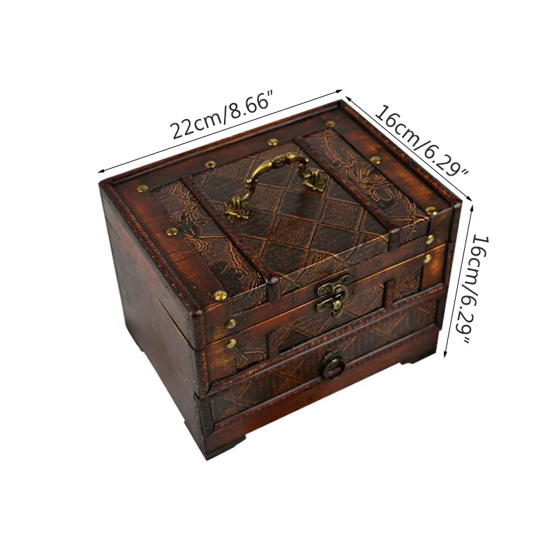 

Vintage Wooden Storage Box Makeup Organizer With Mirror Chinese Retro Trinket Jewelry Storage Box Classical Treasure Storage Box