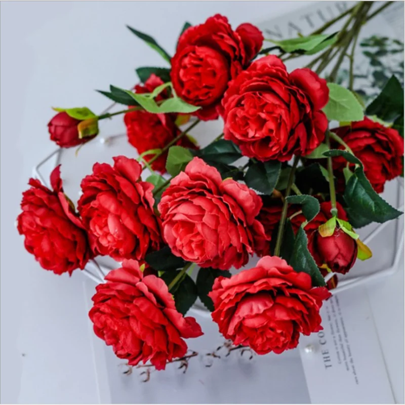 

Factory Wholesale European Style 3 Peony Artificial Flowers Home Wedding Decorative Fake Plant Vase for Decoration Accessories