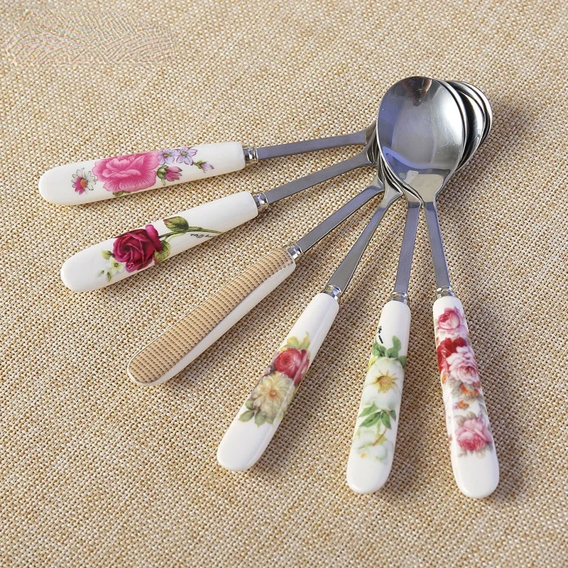 

6pcs/lot Europe Bone China Stainless Steel Coffee Spoon Set Stir Tea Spoon Honey Dessert Ice Cream Scoop Tableware Accessories