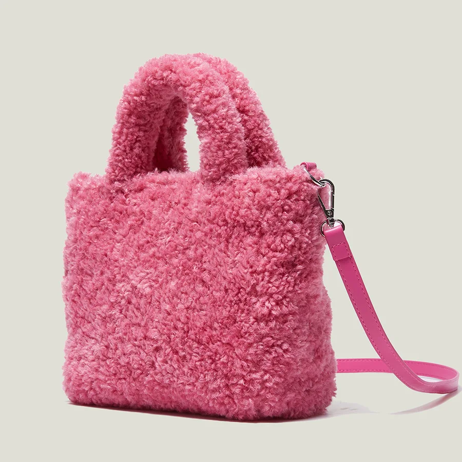 

Женская сумка Lnv 2021, зимние розово-красные меховые сумки большой вместимости, трендовые дизайнерские сумки через плечо с толстой цепочкой, м...