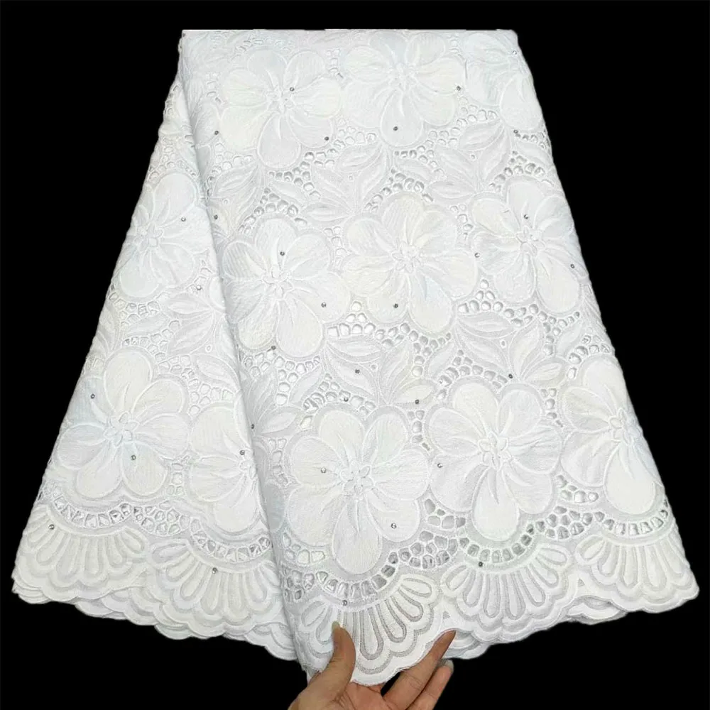 

2021 Новое поступление чистая белая Африканская Хлопковая кружевная ткань с вышивкой Высококачественная швейцарская вуаль кружева для вече...