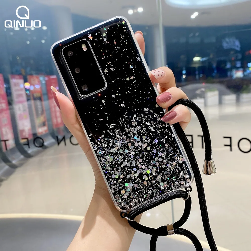 Чехол для телефона с цепочкой и шнуром Huawei P40 P30 P20 P10 Lite Pro Nova 7 6 SE 2 4 3e 5 5i блестящий