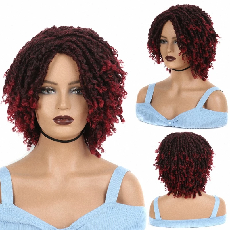 

Afro Kinky Curly Wig Synthetic Short Hair No Bangs Ombre Black Color For Women Heat Resistant Middle Part Machine Made 16 Inch