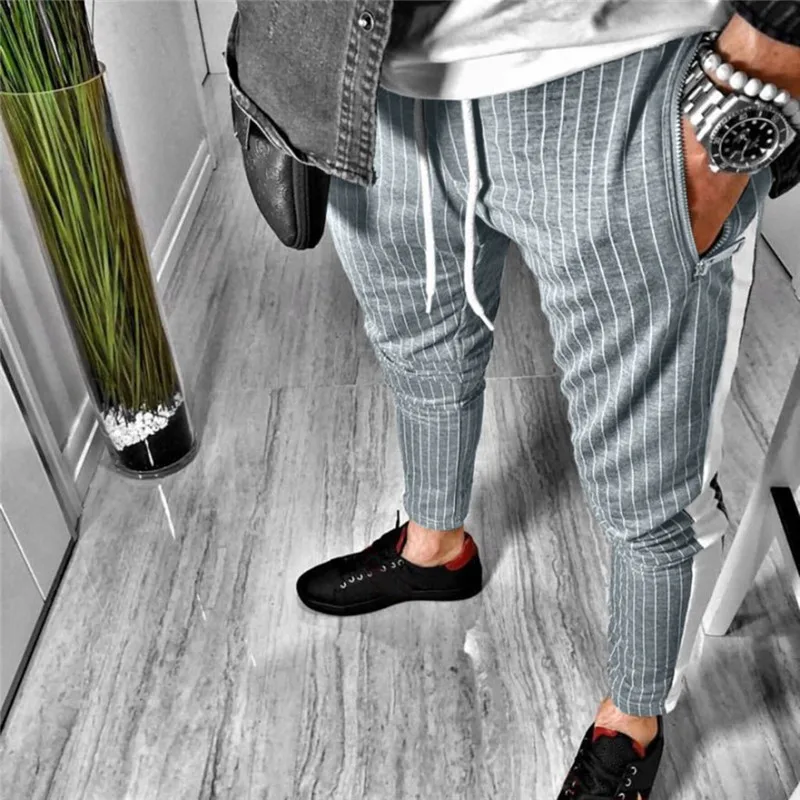 Мужские длинные брюки с принтом в полоску повседневные узкие Джоггеры