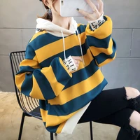 2021 popular stripes sweater womens fleece lined thickened new autumn and winter korean style long sleeve loose hooded jacket