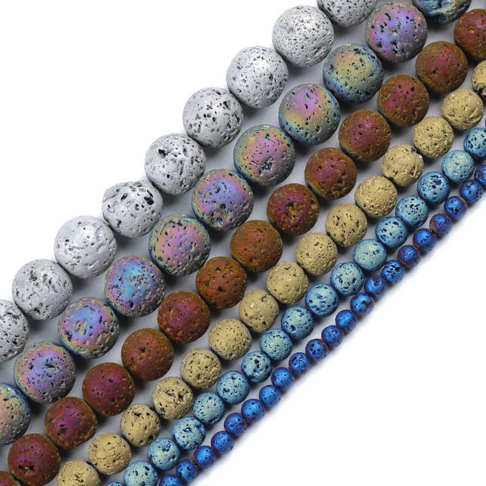HGKLBB gold silve Purple plating Volcanic Lava Rock Natural Stone Round Loose beads Jewelry Making 4/6/8/10/12MM bracelets DIY | Украшения