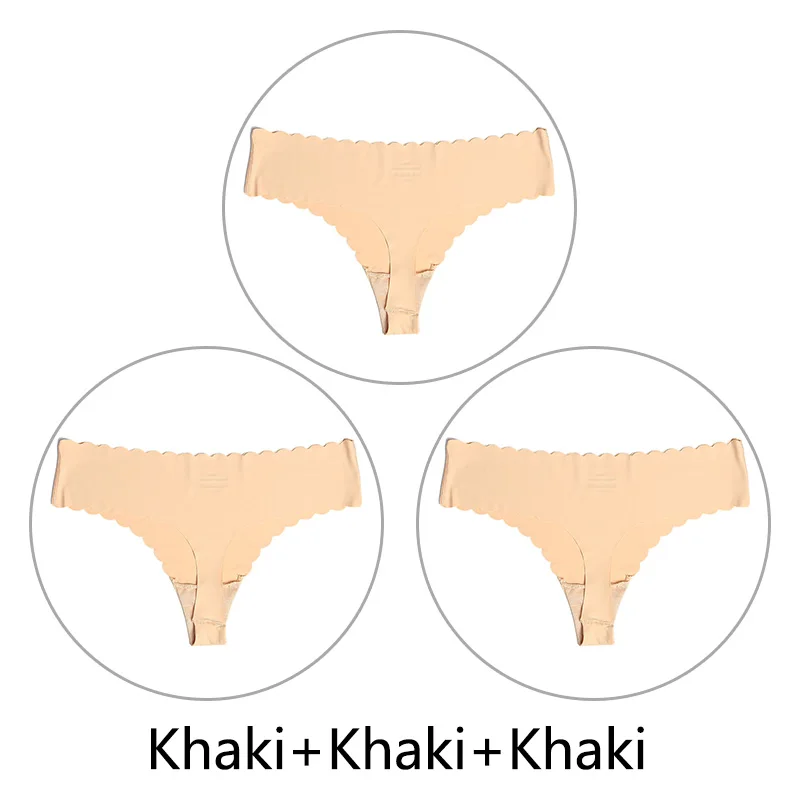 Khaki Khaki Khaki 3 шт./партия ультра-тонкий открытый Шелковый бесшовный стринги с низкой посадкой, цельные сексуальные трусики-стринги, нижнее белье для женщин, танга XS-L, американский размер - Цвет: Khaki Khaki Khaki