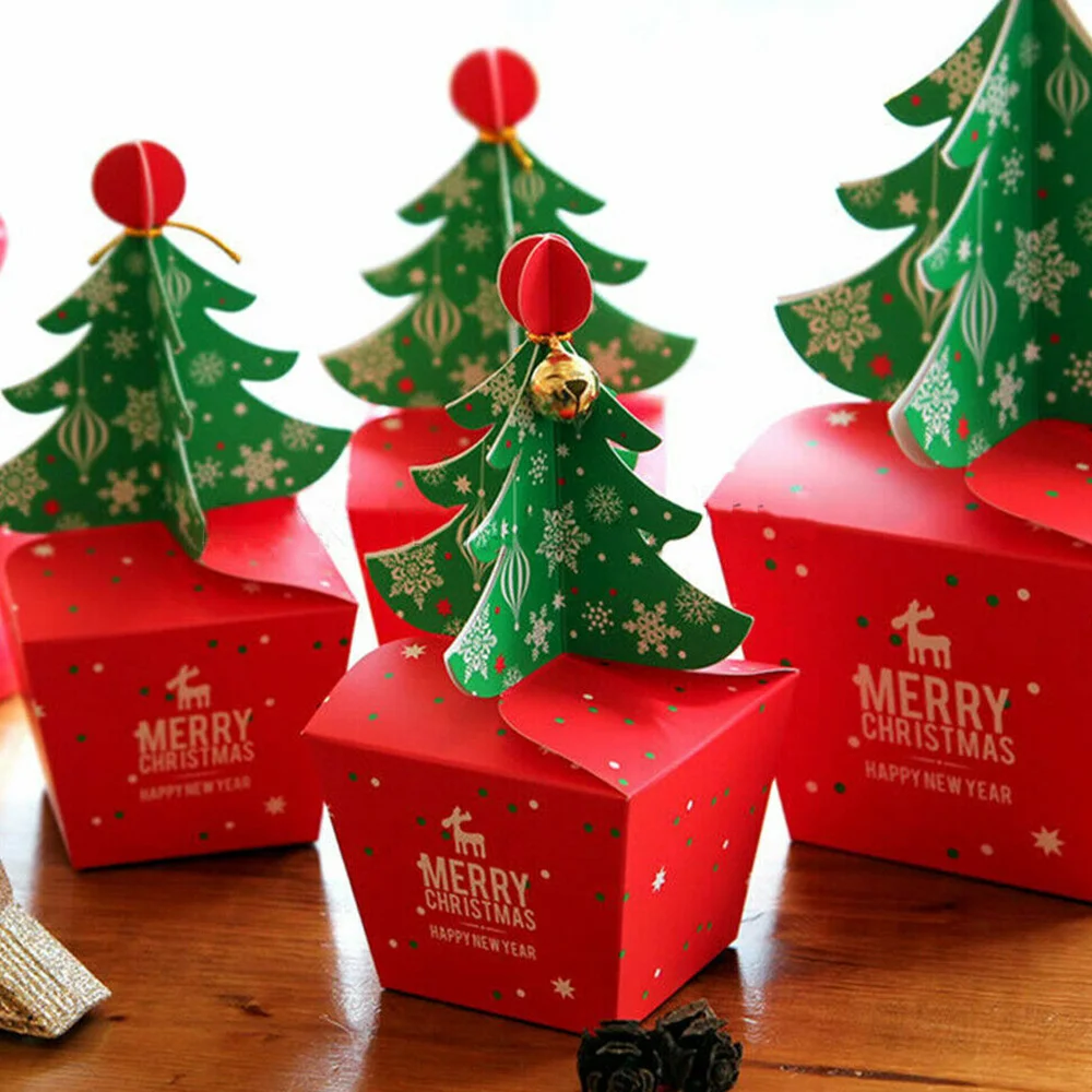 

10pcs 2020 Merry Christmas Tree Bell Party Paper Favour Gift Sweets Candy Apple Chocolate Cookie Gift Boxes Decoration