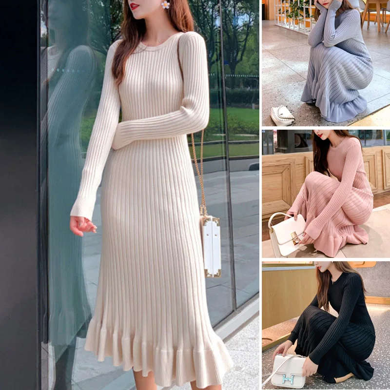 

Women Lady Long Sleeve Solid Color Round Collar Fish Tail Dress for Autumn Winter -OPK