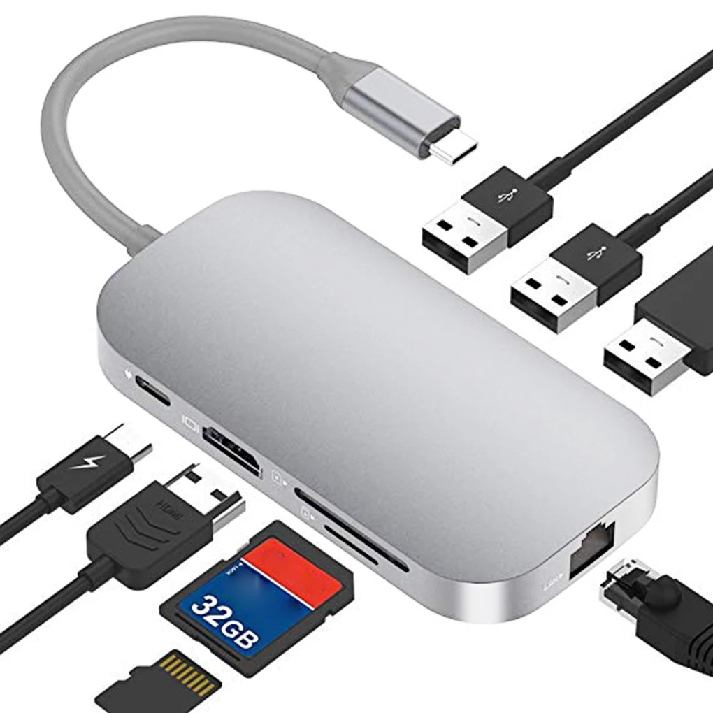 

Адаптер USB Type-c HD RJ45, высокоскоростной хаб 8 в 1 для чтения TF, SD-карт