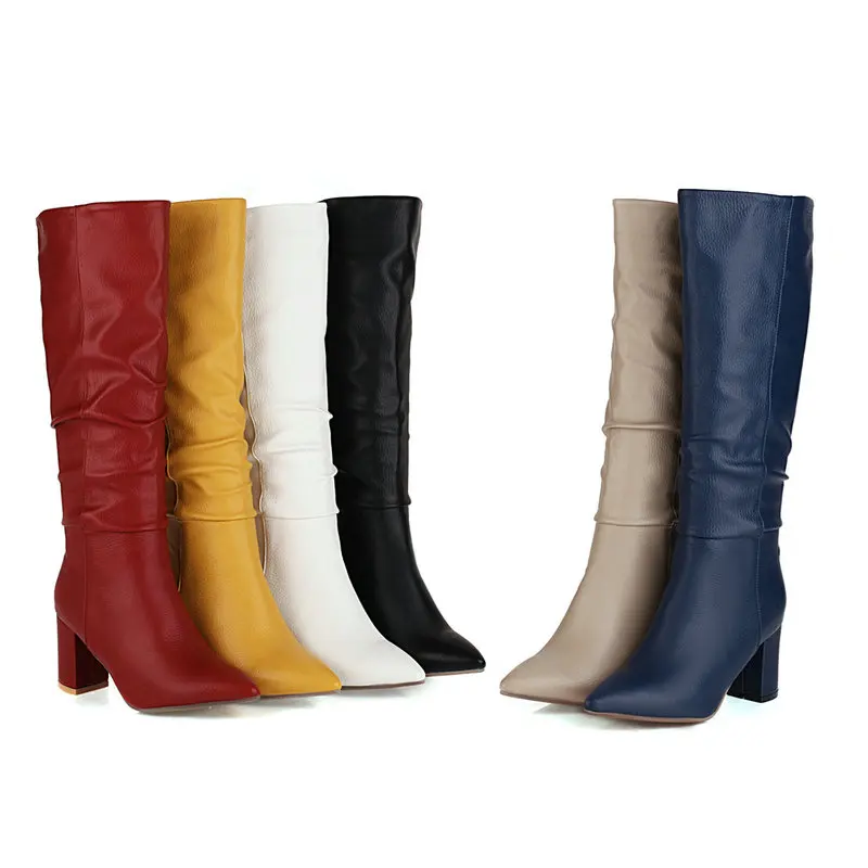 

2020 New Advanced PU Leather Women Knee High Boots Fashion Pointed Toe Square Heel Ladies Western Boots Short Plush Winte Shoes