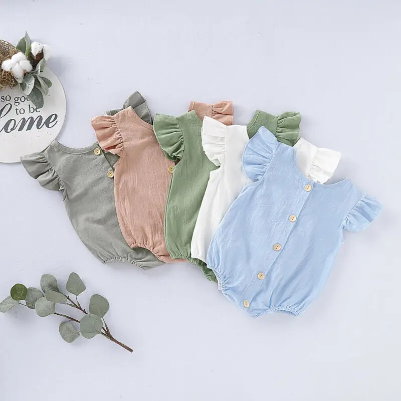 

2020 New Fashion Infant Toddler Baby Girl Kid Ruffle Feifei Linen Jumpers Solid Short Sleeve Bodysuit Summer Clothes Sets 0-24M