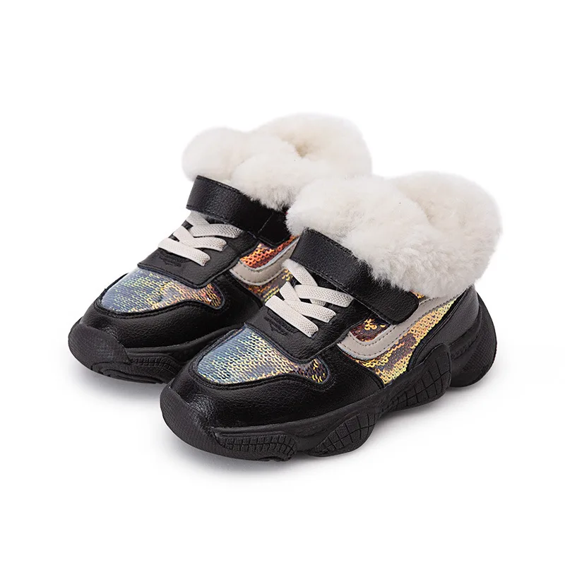 Scsech/зимние ботинки для девочек детские кожаные кроссовки с блестками плотные