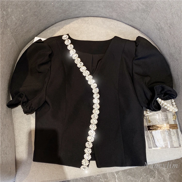 

2021 Autumn Top Women New Rhinestone Edging V-neck Short Puff Sleeve Shirt Lady Chic Blusas Blouses White Black