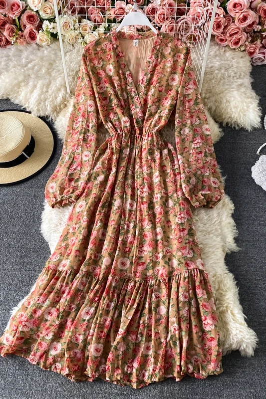 

Long sleeve Floral Chiffon Maxi Dress women's autumn deep V-neck slim elastic waist Ruffle Korean A-line dress fashion vestidos