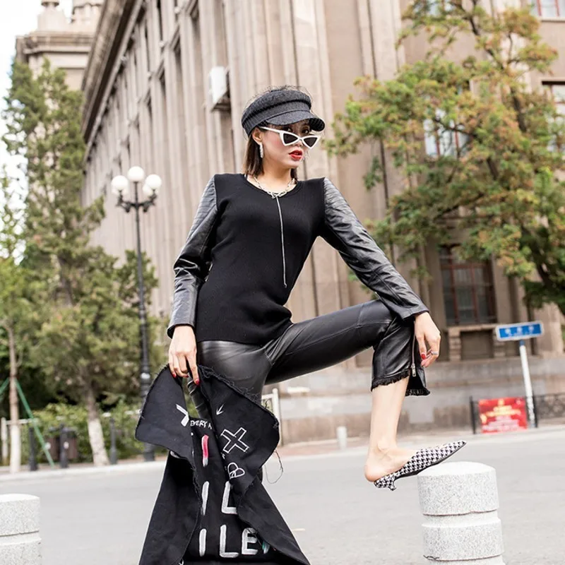 Женский облегающий эластичный пуловер свитер из натуральной овечьей кожи с