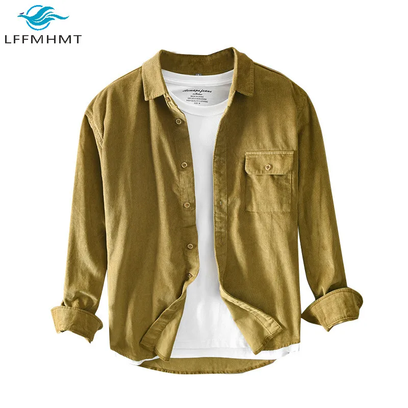 

Men Autumn Spring Solid Color Long Sleeve Cotton Lapel Shirt Japan Style Simple Harajuku Corduroy Casual Businessman Vintage Top