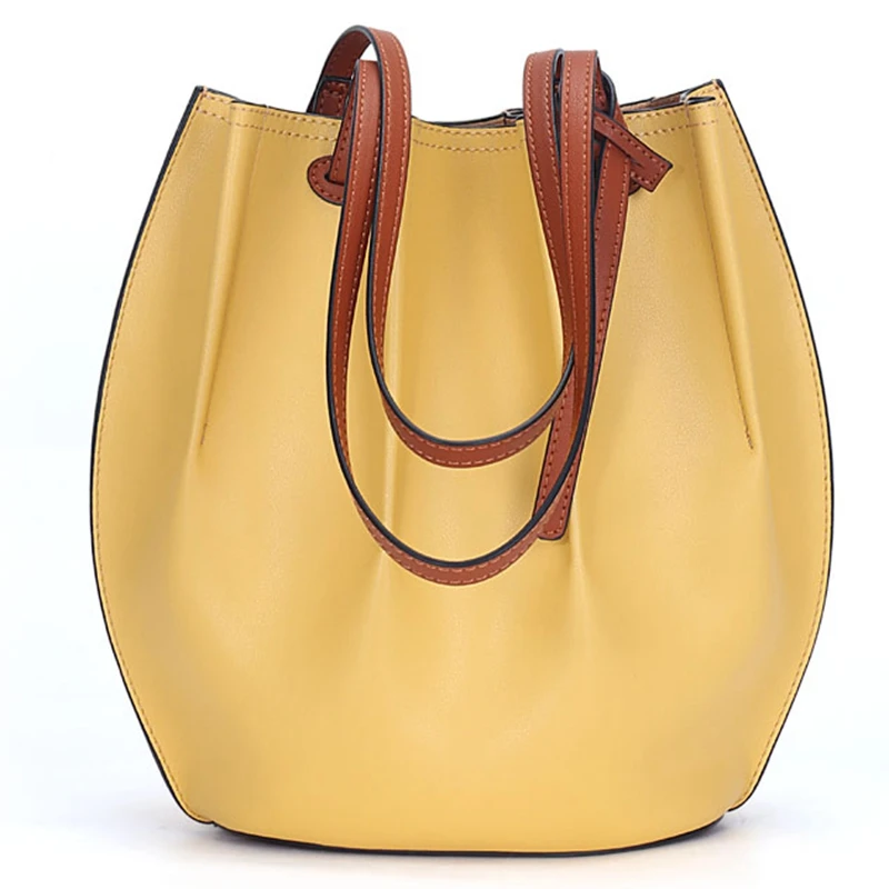 

100% Genuien Leather Tote Bag Bucket Solid Casual Shopper Small Hand Bags Luxury Brand Designer Shoulder Bags for Ladies 2021